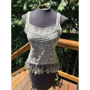 1980s Fashion Terminal Womens Free Sz Gray Top Shirt Embroider Boho Fringe Vntg